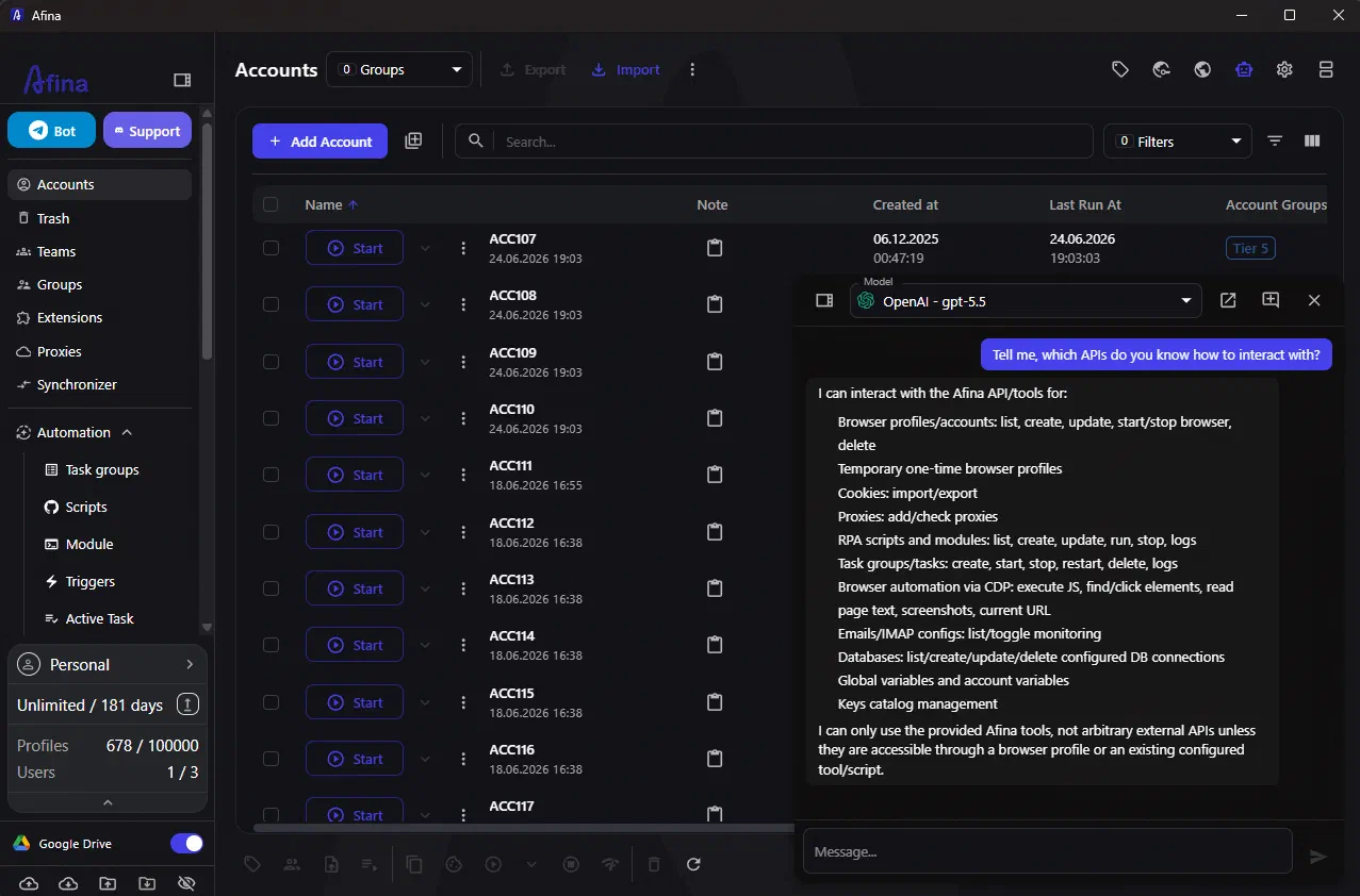 Afina MCP Server for browser profile control through an AI agent